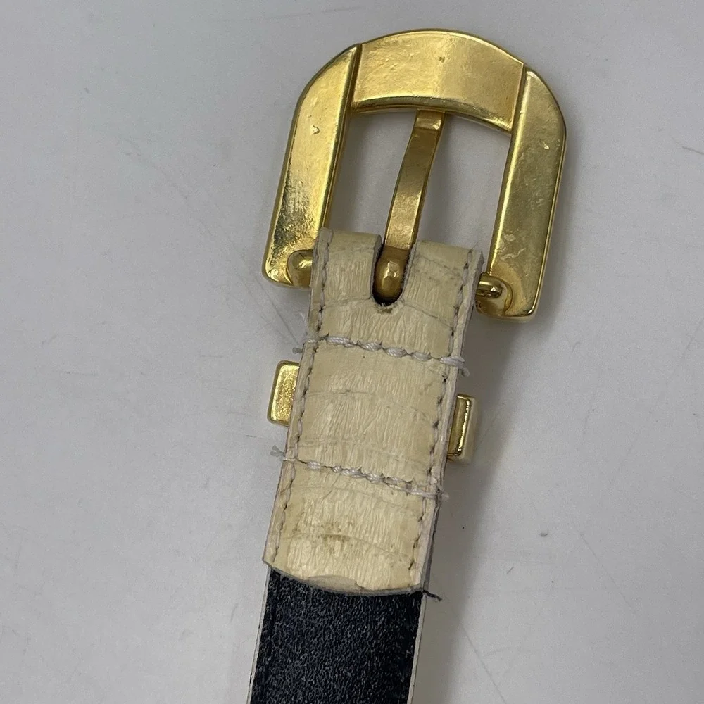 Vintage Womens M/L Belt Skinny Snakeskin Belt Cream‎ Gold Buckle 27.25